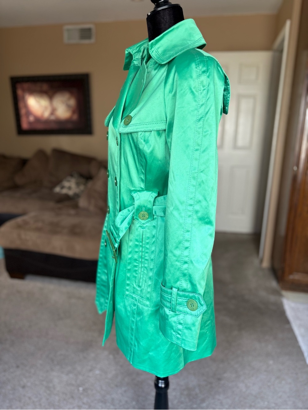 Jessica Simpson Green Satin Double-Breasted Trench Coat with Belt - Picture 15 of 15